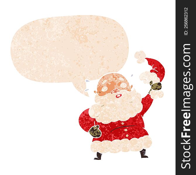 Cartoon Santa Claus Waving Hat And Speech Bubble In Retro Textured Style