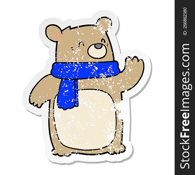 Distressed Sticker Of A Cartoon Bear Wearing Scarf