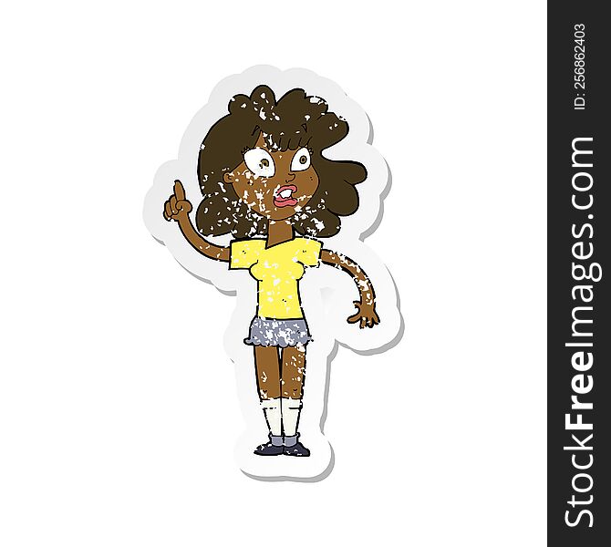 Retro Distressed Sticker Of A Cartoon Woman Making Point