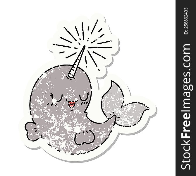 worn old sticker of a tattoo style happy narwhal. worn old sticker of a tattoo style happy narwhal