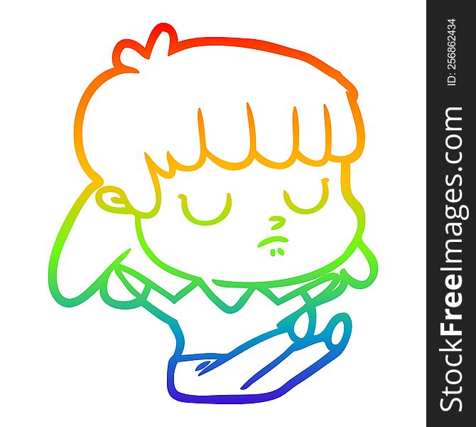 rainbow gradient line drawing of a cartoon indifferent woman sitting