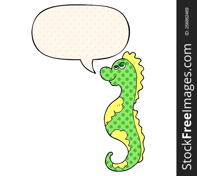 cartoon sea horse with speech bubble in comic book style