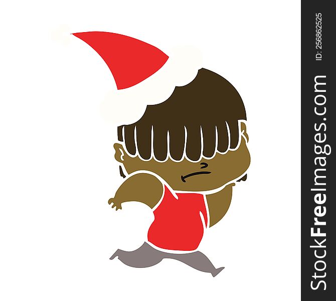 Flat Color Illustration Of A Boy With Untidy Hair Wearing Santa Hat