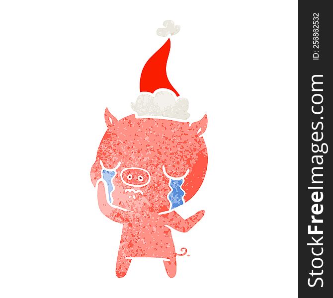 Retro Cartoon Of A Pig Crying Wearing Santa Hat