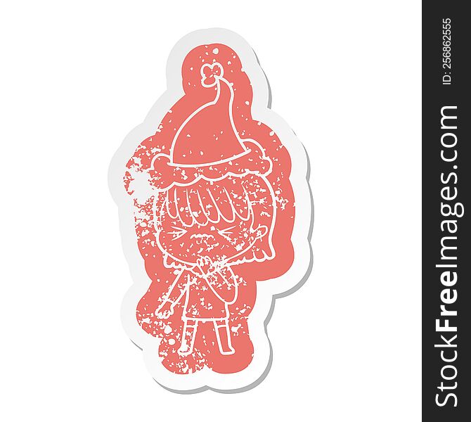 quirky cartoon distressed sticker of a girl regretting a mistake wearing santa hat