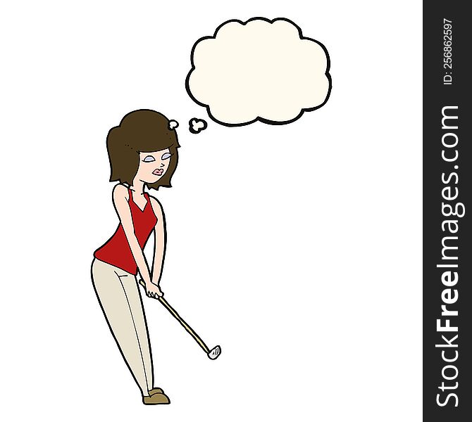 Cartoon Woman Playing Golf With Thought Bubble