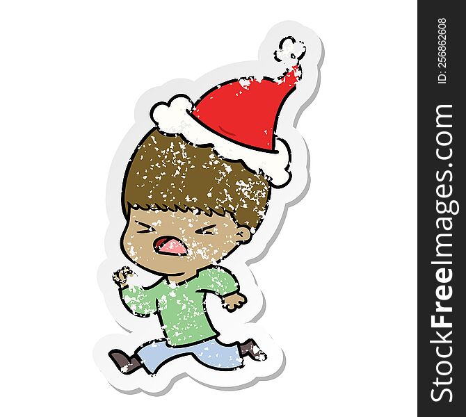 Distressed Sticker Cartoon Of A Stressed Man Wearing Santa Hat