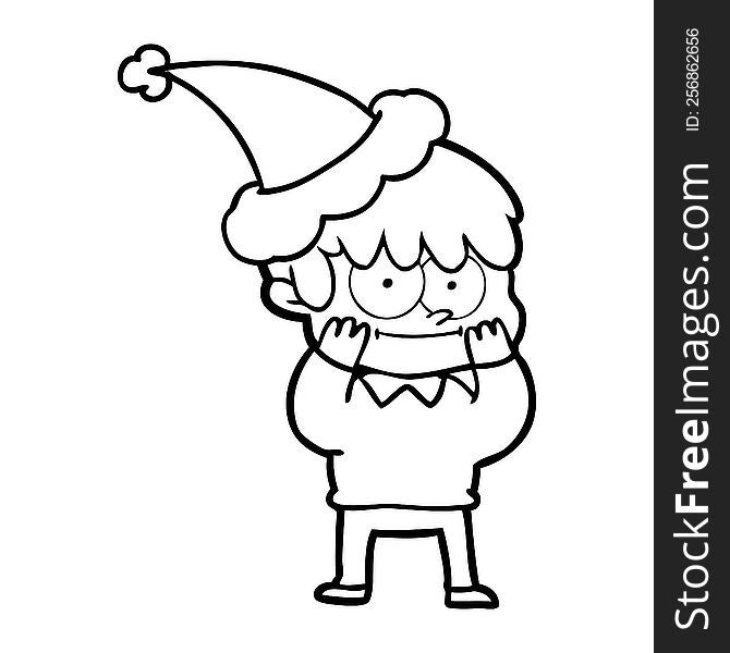 Happy Line Drawing Of A Man Wearing Santa Hat