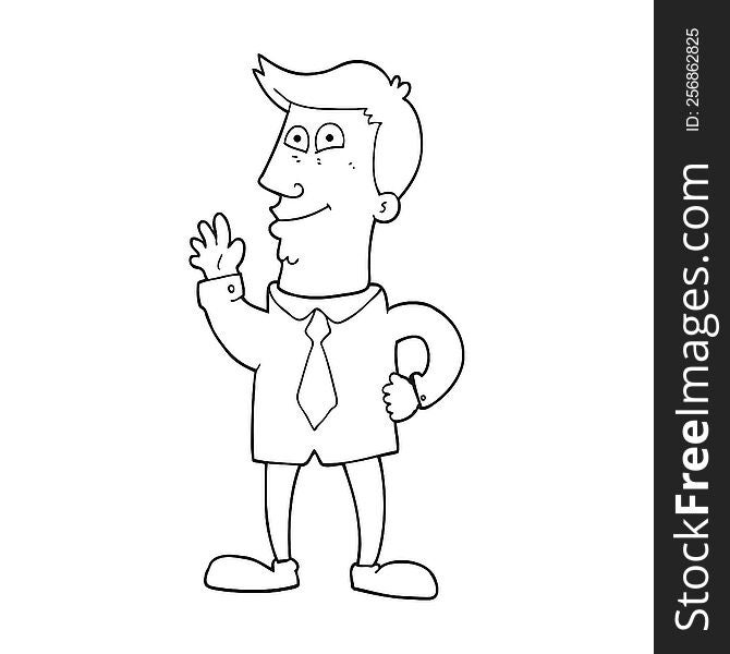 freehand drawn black and white cartoon waving man