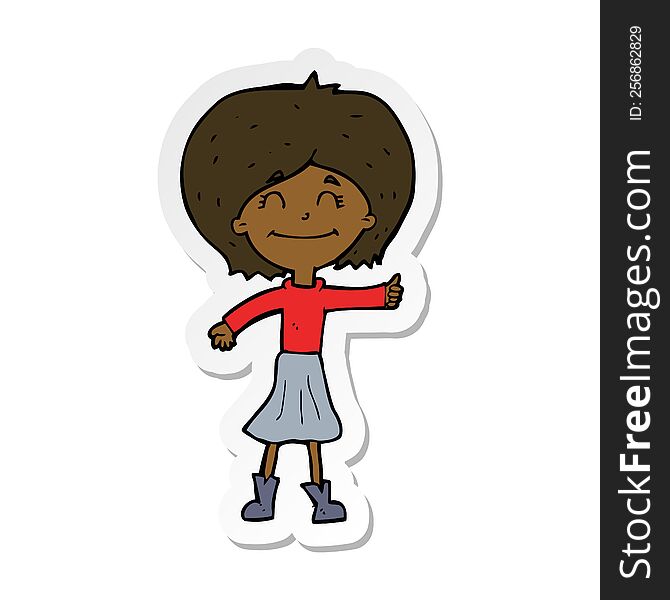 sticker of a cartoon happy girl giving thumbs up symbol