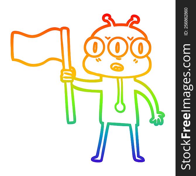 rainbow gradient line drawing of a cartoon three eyed alien waving flag