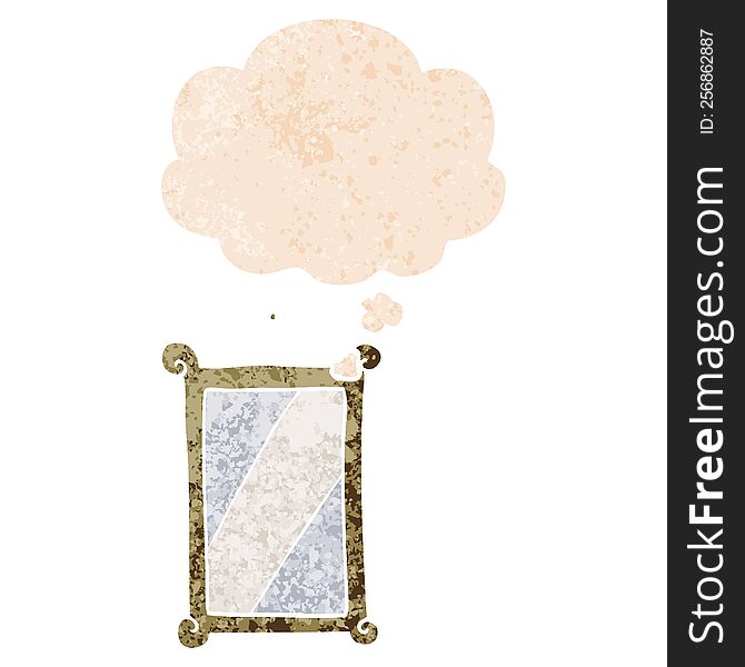 cartoon mirror with thought bubble in grunge distressed retro textured style. cartoon mirror with thought bubble in grunge distressed retro textured style