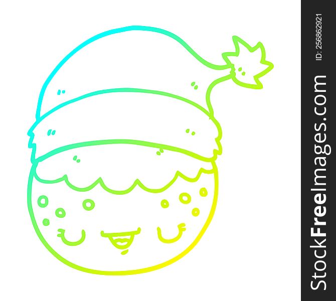 Cold Gradient Line Drawing Cartoon Christmas Pudding Wearing Santa Hat