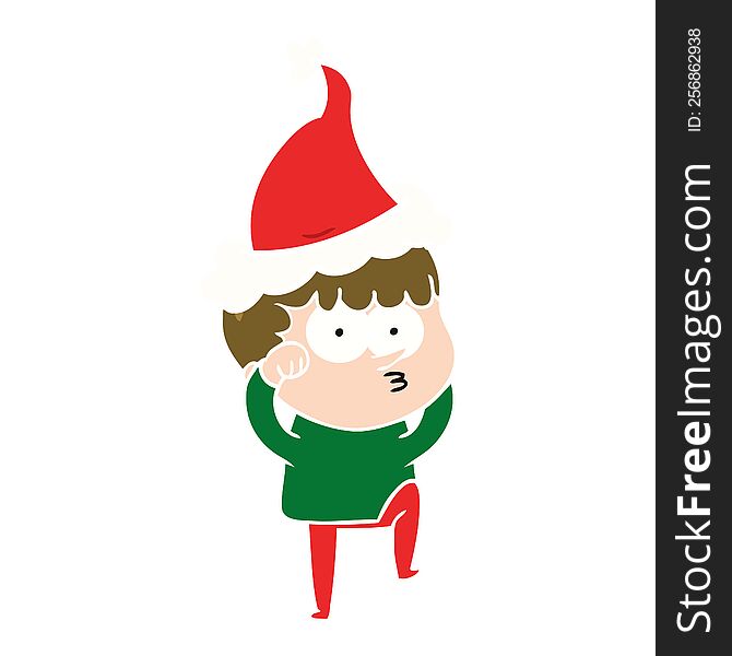 hand drawn flat color illustration of a curious boy rubbing eyes in disbelief wearing santa hat