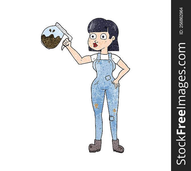 Textured Cartoon Woman In Dungarees With Coffee