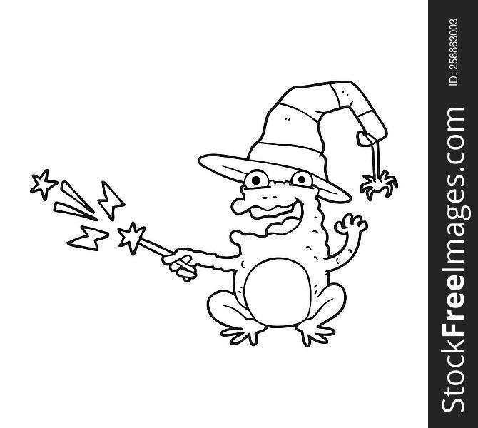 freehand drawn black and white cartoon toad casting spell