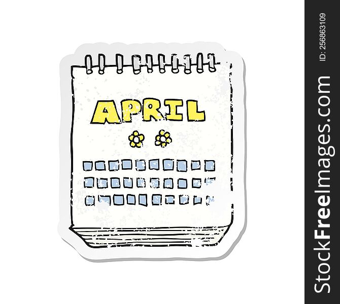 retro distressed sticker of a cartoon calendar showing month of April