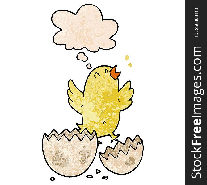 cartoon bird hatching from egg and thought bubble in grunge texture pattern style