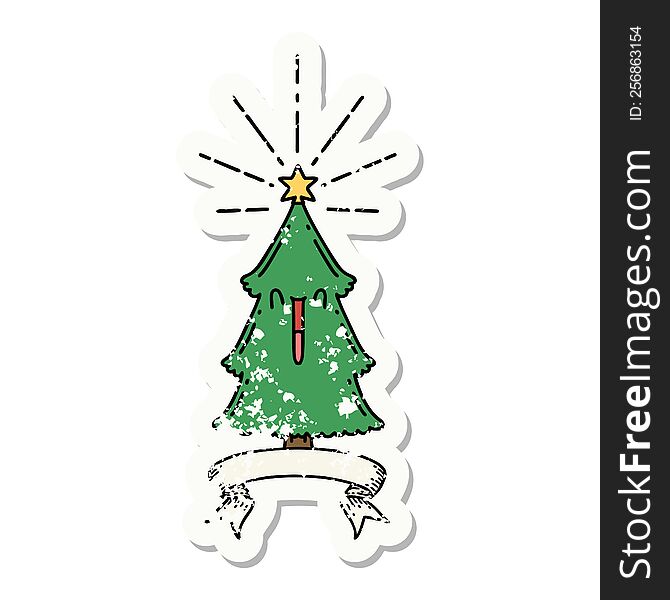 grunge sticker of tattoo style christmas tree with star