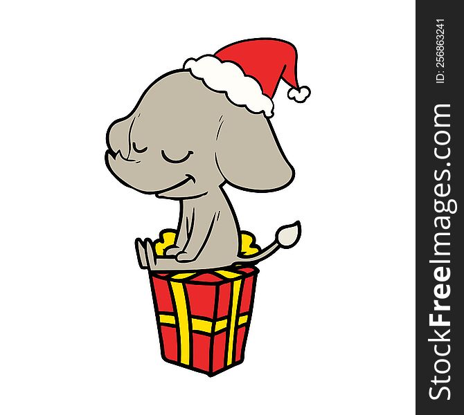 Line Drawing Of A Smiling Elephant Wearing Santa Hat