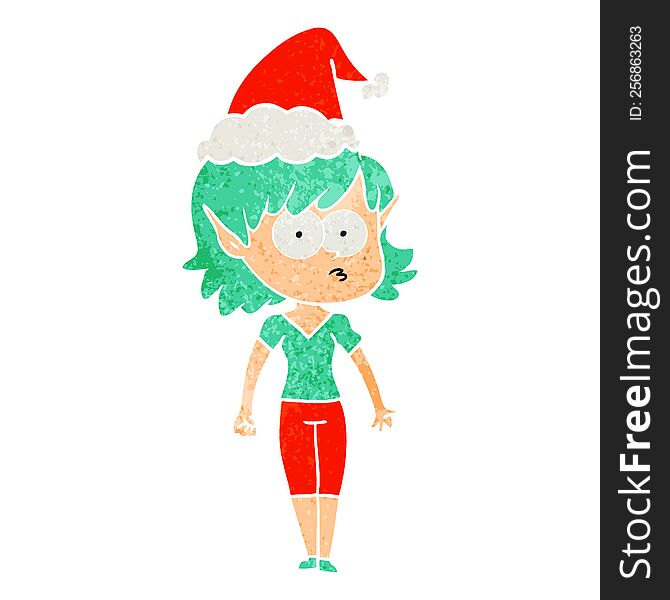 Retro Cartoon Of A Elf Girl Staring Wearing Santa Hat