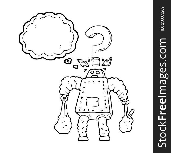 thought bubble cartoon confused robot carrying shopping