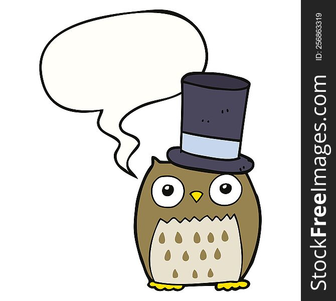 cartoon owl wearing top hat with speech bubble