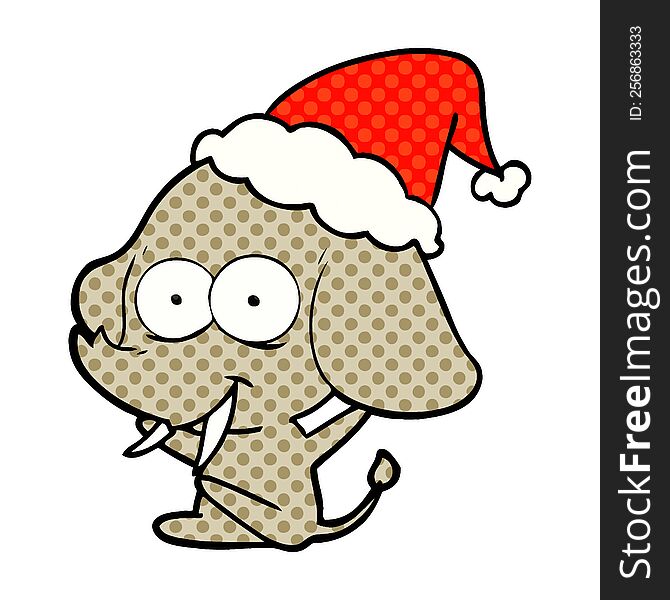 happy hand drawn comic book style illustration of a elephant wearing santa hat