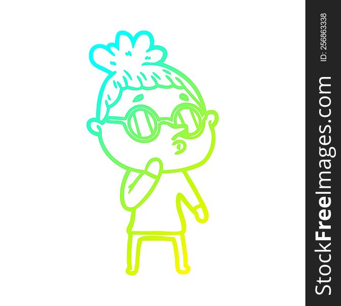 cold gradient line drawing of a cartoon woman wearing glasses