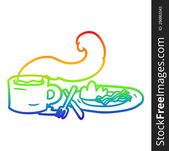 rainbow gradient line drawing of a breakfast of coffee and bacon