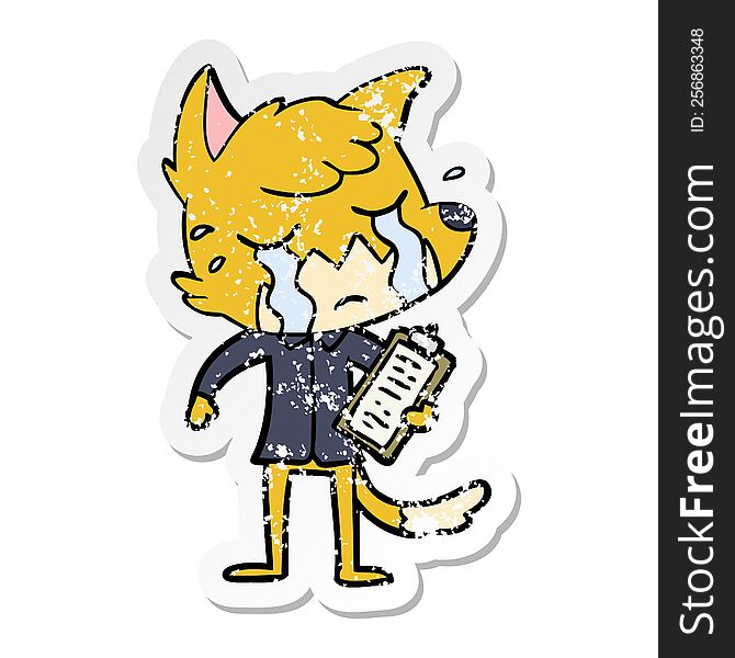 Distressed Sticker Of A Crying Business Fox Cartoon