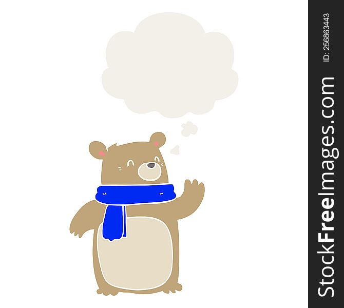 cartoon bear wearing scarf with thought bubble in retro style