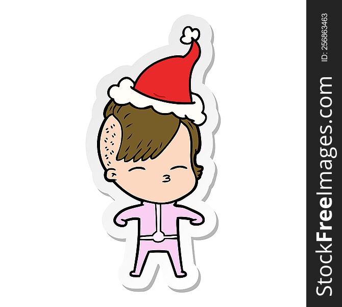 Sticker Cartoon Of A Girl Wearing Futuristic Clothes Wearing Santa Hat