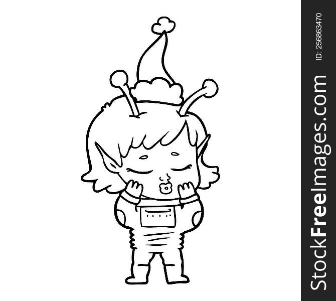 line drawing of a alien girl wearing santa hat