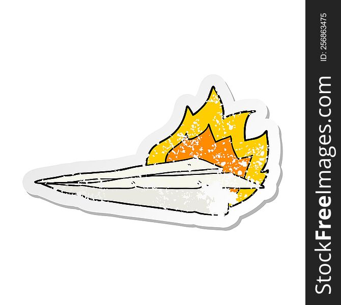 distressed sticker of a cartoon burning paper airplane