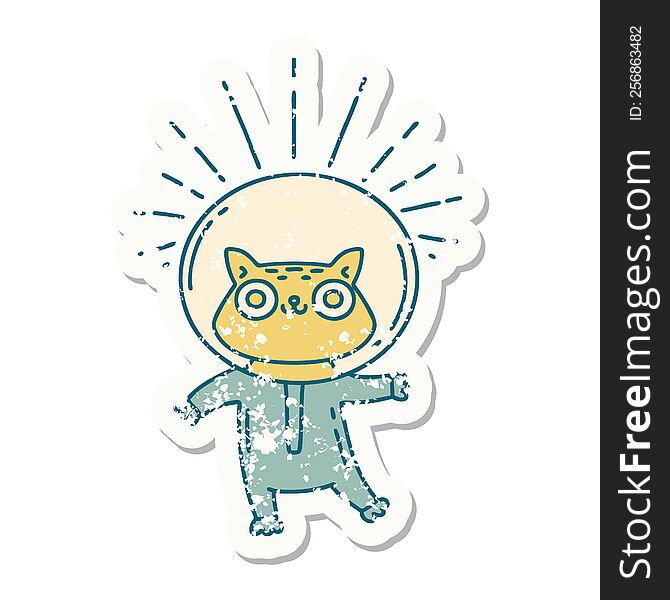 worn old sticker of a tattoo style cat in astronaut suit. worn old sticker of a tattoo style cat in astronaut suit