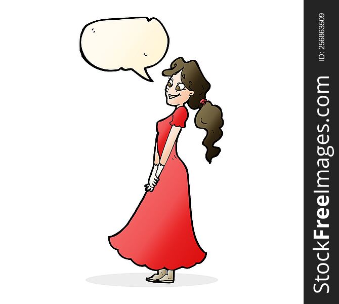 cartoon pretty woman in dress with speech bubble