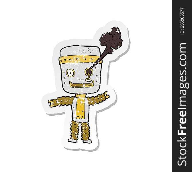 Retro Distressed Sticker Of A Cartoon Funny Gold Robot