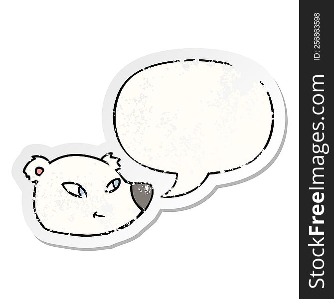 cartoon polar bear face with speech bubble distressed distressed old sticker. cartoon polar bear face with speech bubble distressed distressed old sticker