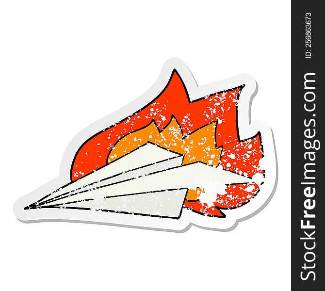 Distressed Sticker Of A Cartoon Burning Paper Airplane