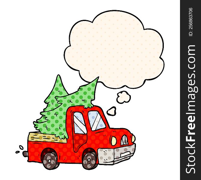 cartoon pickup truck carrying trees with thought bubble in comic book style