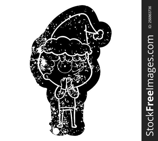 cartoon distressed icon of a curious boy wearing santa hat