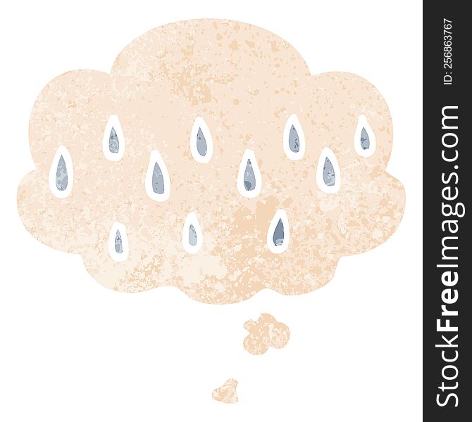 cartoon rain with thought bubble in grunge distressed retro textured style. cartoon rain with thought bubble in grunge distressed retro textured style