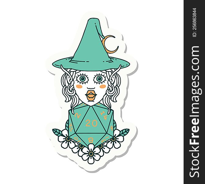 sticker of a elf mage character with natural twenty dice roll. sticker of a elf mage character with natural twenty dice roll