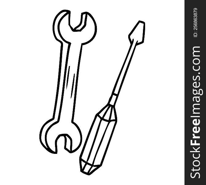 hand drawn line drawing doodle of a spanner and a screwdriver