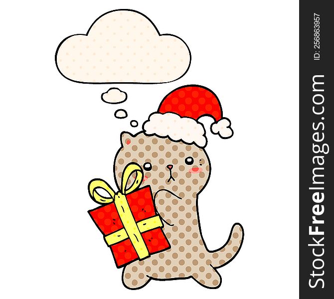 cute cartoon cat carrying christmas present with thought bubble in comic book style