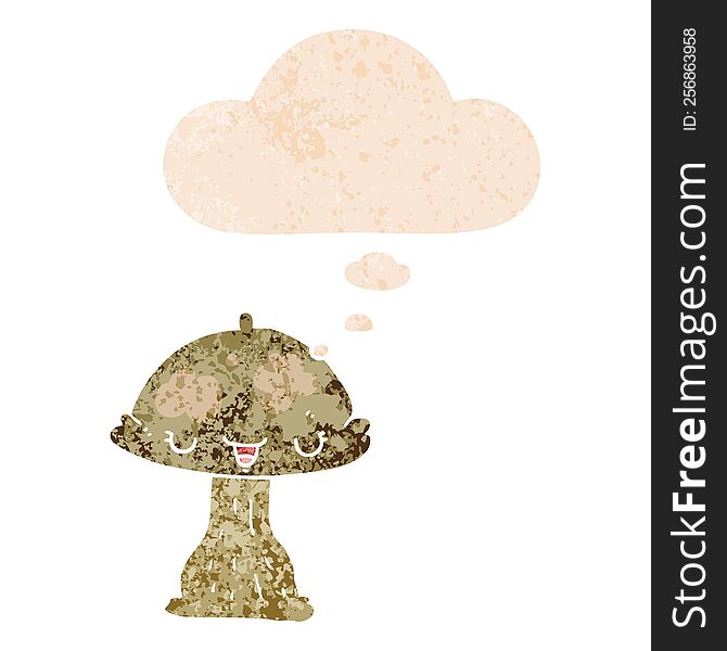 cartoon toadstool with thought bubble in grunge distressed retro textured style. cartoon toadstool with thought bubble in grunge distressed retro textured style