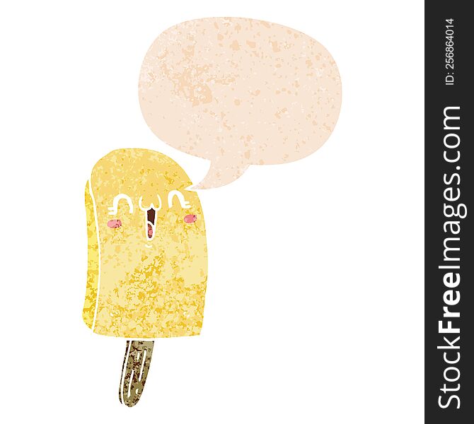 cartoon frozen ice lolly and speech bubble in retro textured style