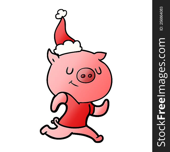 Happy Gradient Cartoon Of A Pig Running Wearing Santa Hat