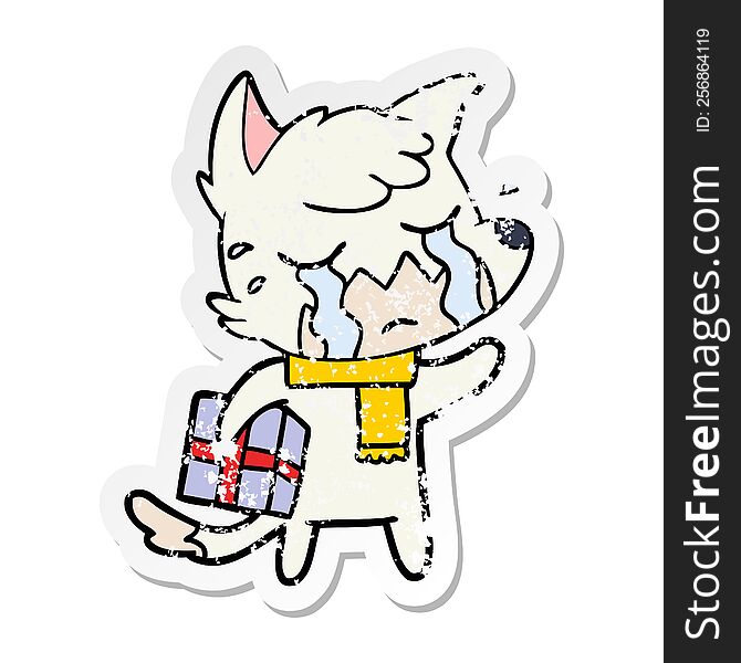 Distressed Sticker Of A Crying Christmas Fox Cartoon